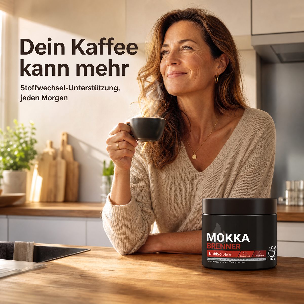 Frau genießt ihren Morgenkaffee mit Mokka Brenner: Dein Kaffee kann mehr
